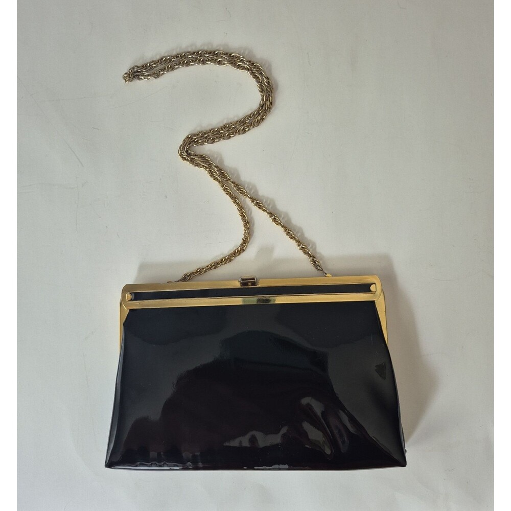 Ande Vintage 50s Black Patent Leather Gold Tone Clutch Purse w Chain Link Strap